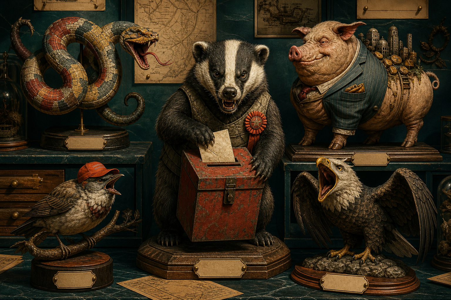 American Shitshow Field Guide creatures displayed in a satirical natural-history museum