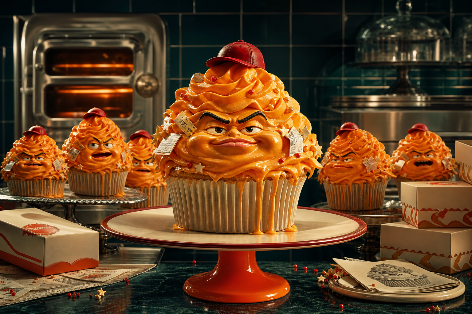 Cultcake Bakery campaign with ridiculous orange-frosted cupcake mascots in a retro bakery
