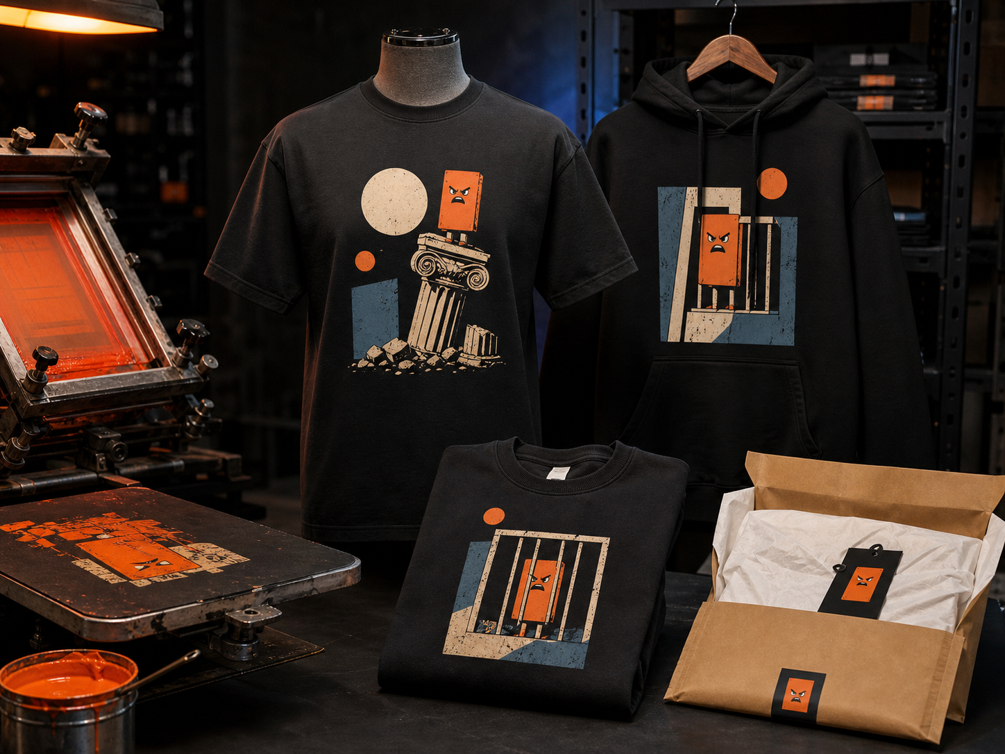 Wearable Consequences apparel moving through a screen-printing and order-packing studio